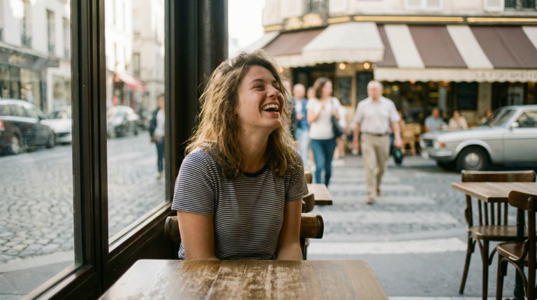A candid shot of a young woman laughing in a Parisian cafe (2)
