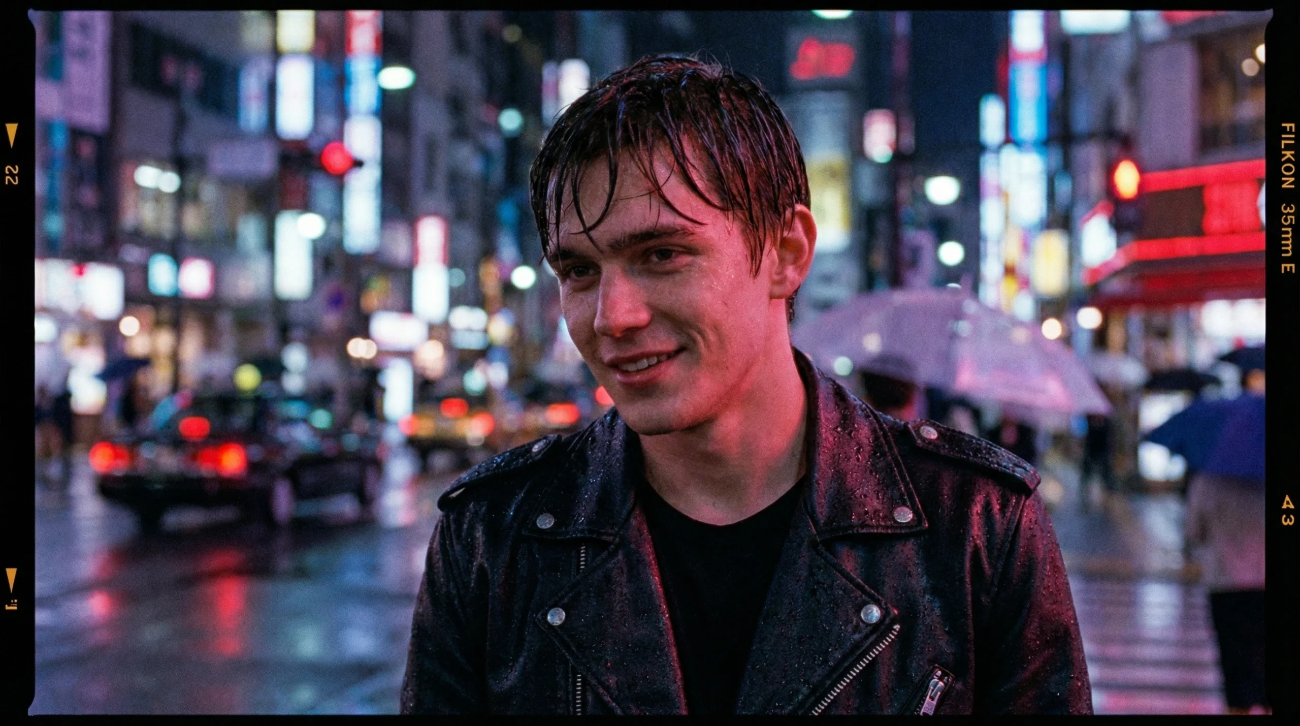 Candid street photography portrait of a young man in a neon-lit city at night, rain droplets on his leather jacket and skin, cinematic bokeh background with blurred city lights, shot on 35mm film, grainy texture, moody atmosphere, realistic reflections