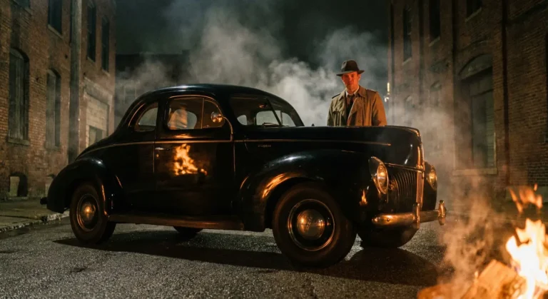 Extreme low-angle cinematic shot of a man standing beside a vintage black car at night