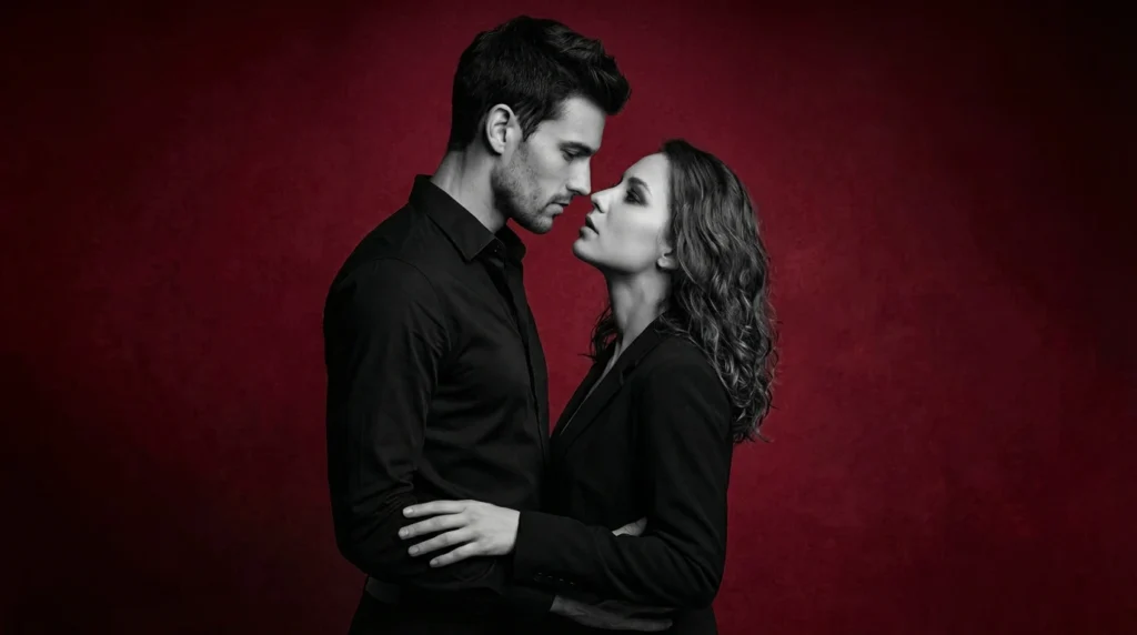 Hyper-realistic Gemini AI couple portrait  featuring a romantic embrace with dramatic chiaroscuro lighting and monochrome studio background.