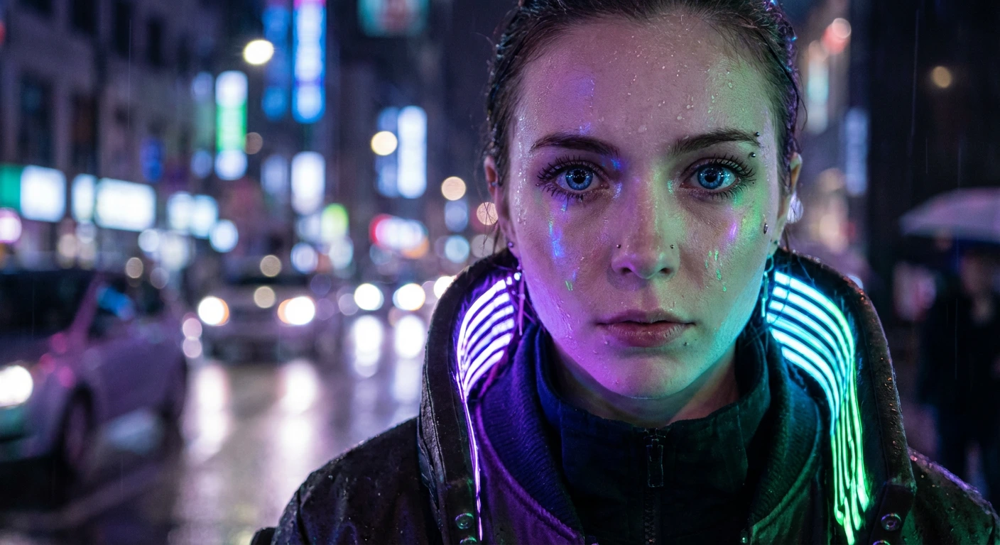 Close-up realistic cyberpunk girl portrait with neon lighting AI generated prompt
