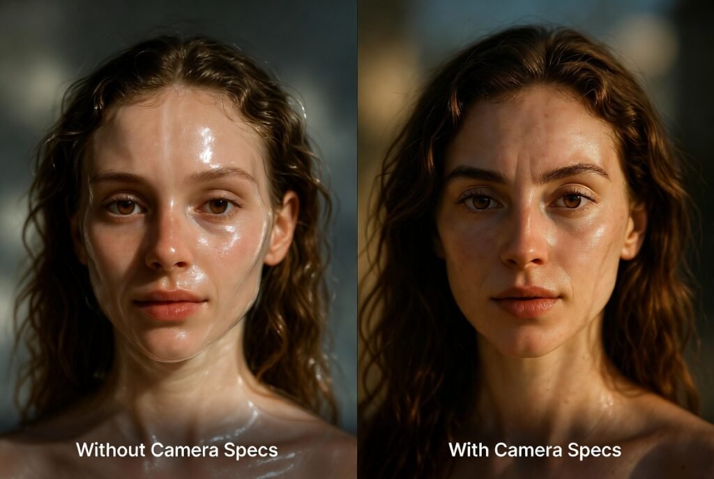Before and after comparison: AI portrait without camera specs (plastic look) vs with 85mm lens specs (hyper-photorealistic skin and bokeh)