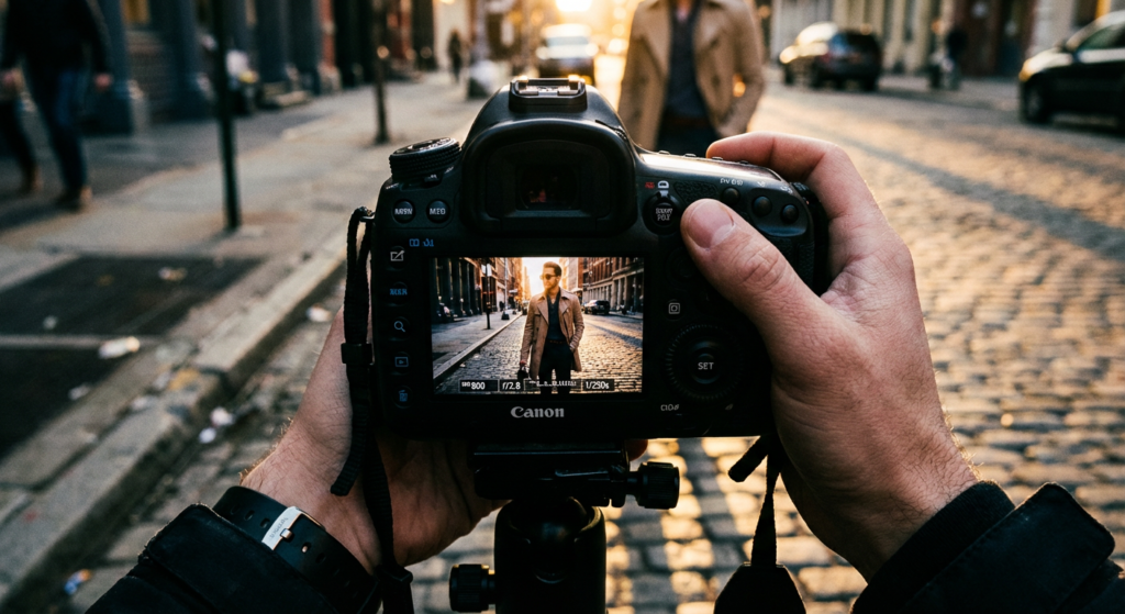 A professional photographer's POV. A DSLR screen showing a preview of a stylish man