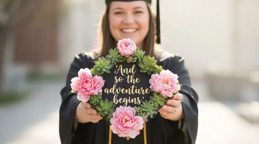 A graduate student holding a 3D floral graduation cap design created with Gemini AI