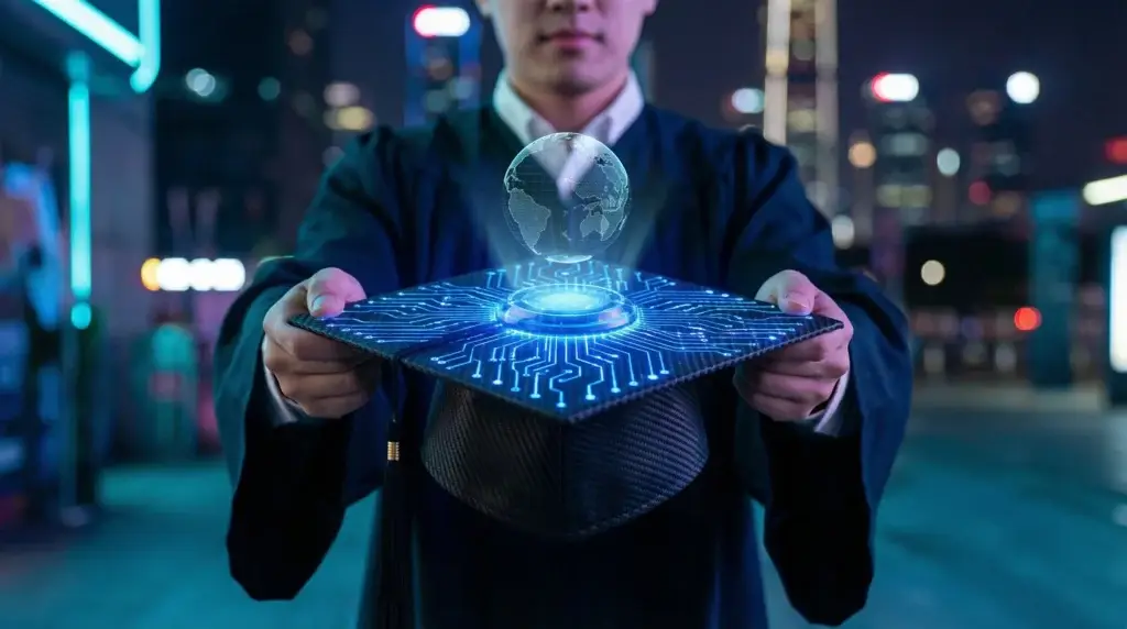 Modern tech-themed graduation cap decoration generated using AI prompts.