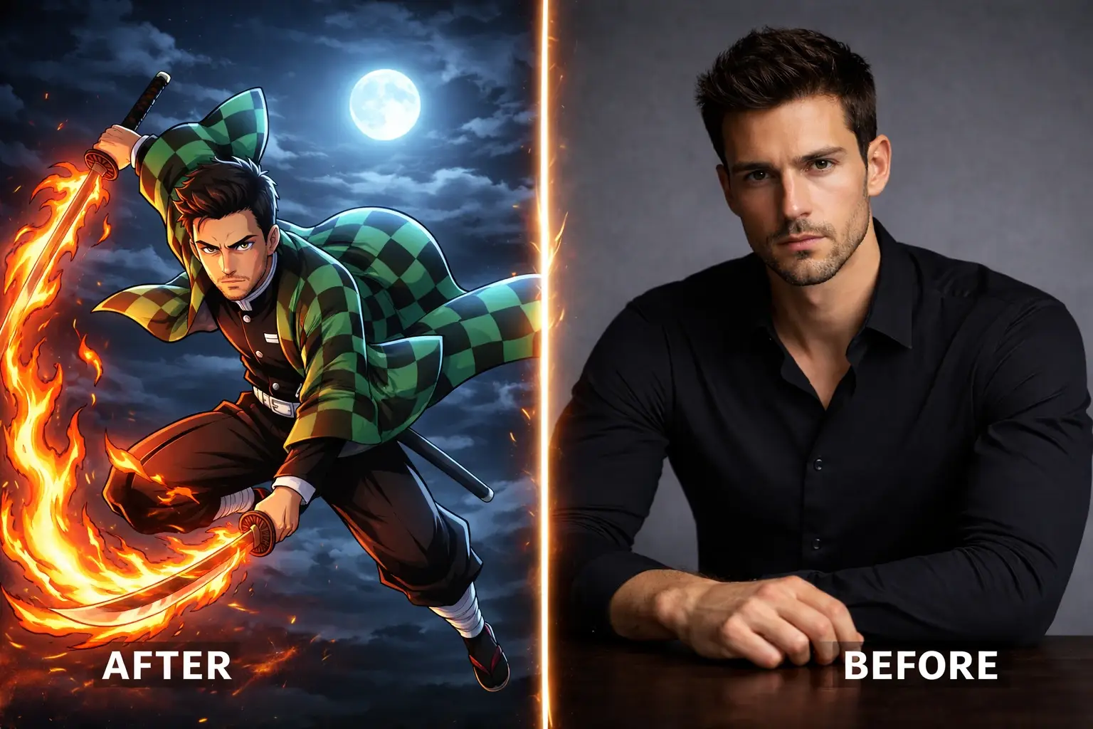 Anime character transformation from photo using Gemini 3 Flash Demon Slayer style