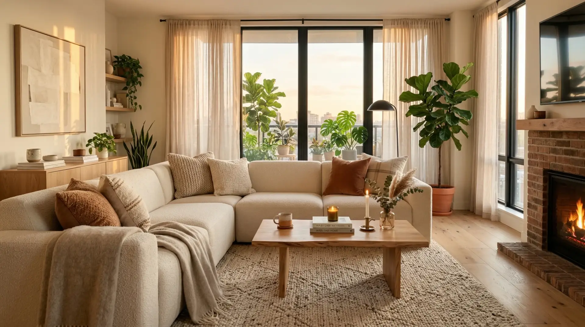 Modern cozy living room, warm neutral palette, cream sofa, natural wood coffee table, textured beige rug, soft golden hour lighting, floor-to-ceiling curtains, indoor plants, ultra realistic photography, Pinterest style.