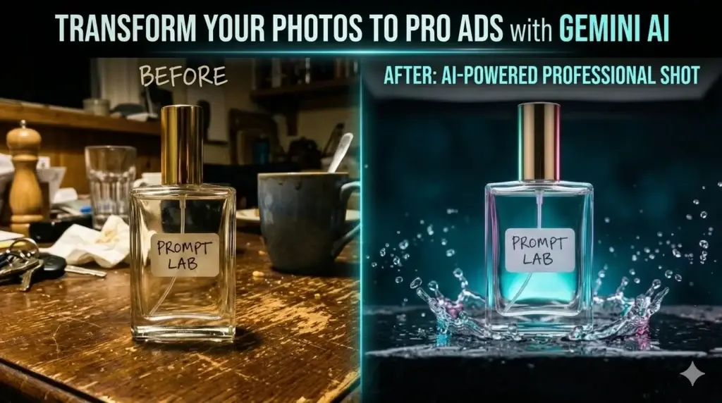 Side-by-side comparison of amateur and professional AI-generated product photography of a perfume bottle