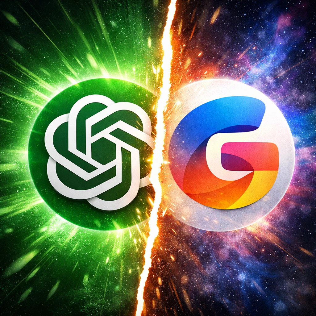 Cinematic square visual of the OpenAI logo (left) and the colorful Google Gemini logo (right). AI technology comparison.