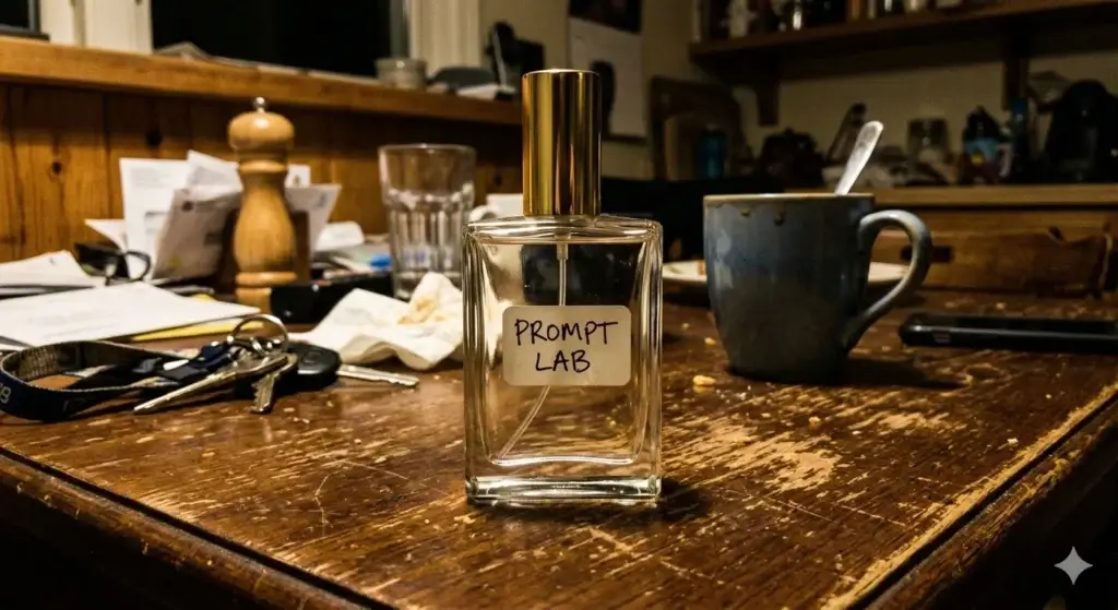 Amateur smartphone photo of a perfume bottle on a wooden table before AI editing