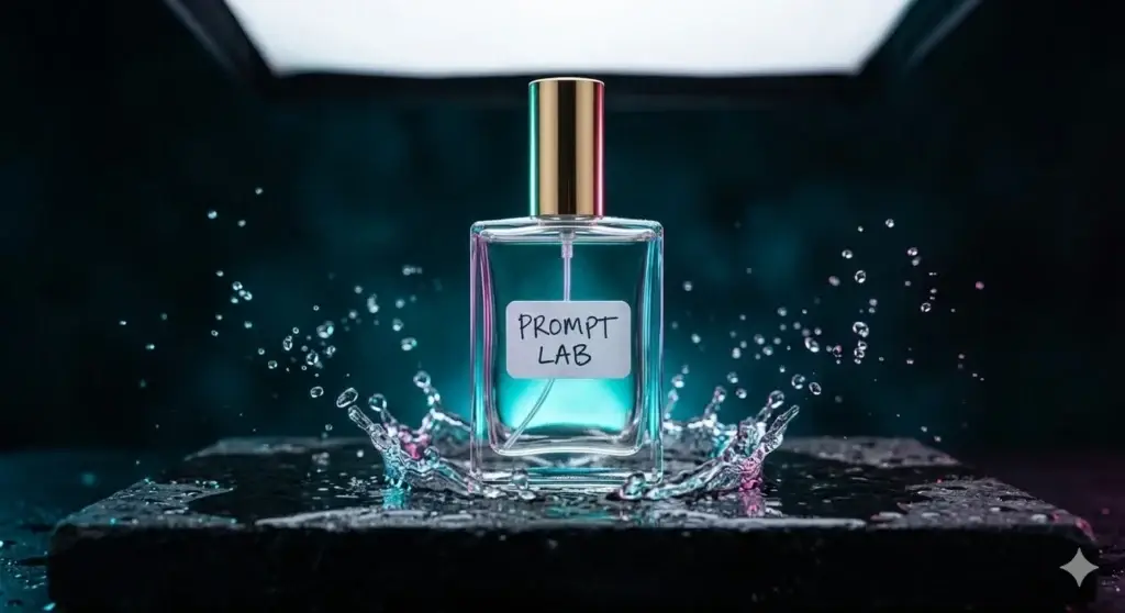 Cinematic 3D product advertisement of a perfume bottle created with Gemini AI prompts