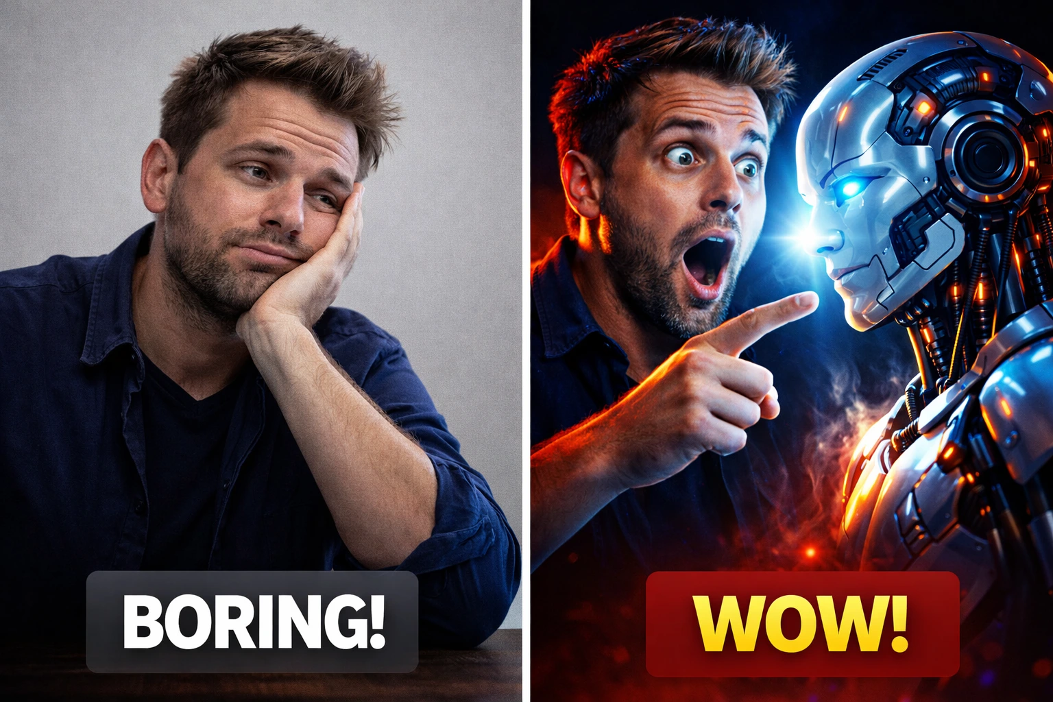 eye catching youtube thumbnail comparison showing before and after ai generated design with shocked man and glowing robot